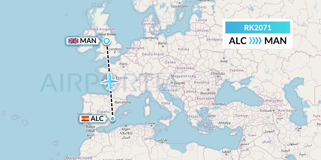 RK2071 Ryanair UK Flight Map: Alicante to Manchester