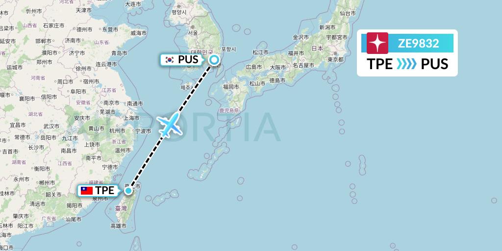 ZE9832 Eastar Jet Flight Map: Taipei to Busan