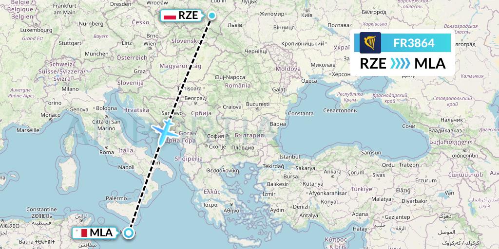 FR3864 Ryanair Flight Map: Rzeszow to Malta