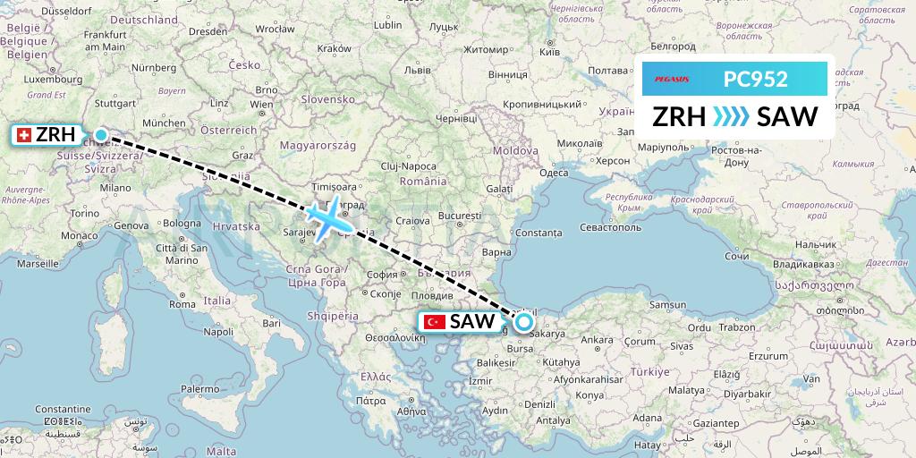 PC952 Pegasus Airlines Flight Map: Zurich to Istanbul