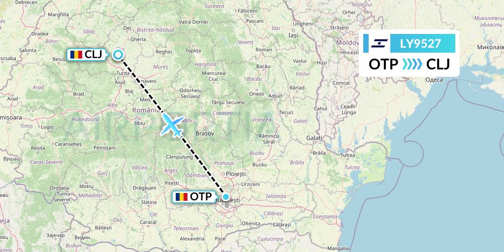 LY9527 El Al Flight Map: Bucharest to Cluj-Napoca
