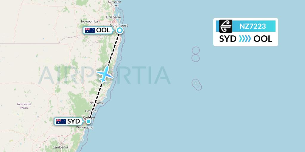 NZ7223 Air New Zealand Flight Map: Sydney to Gold Coast