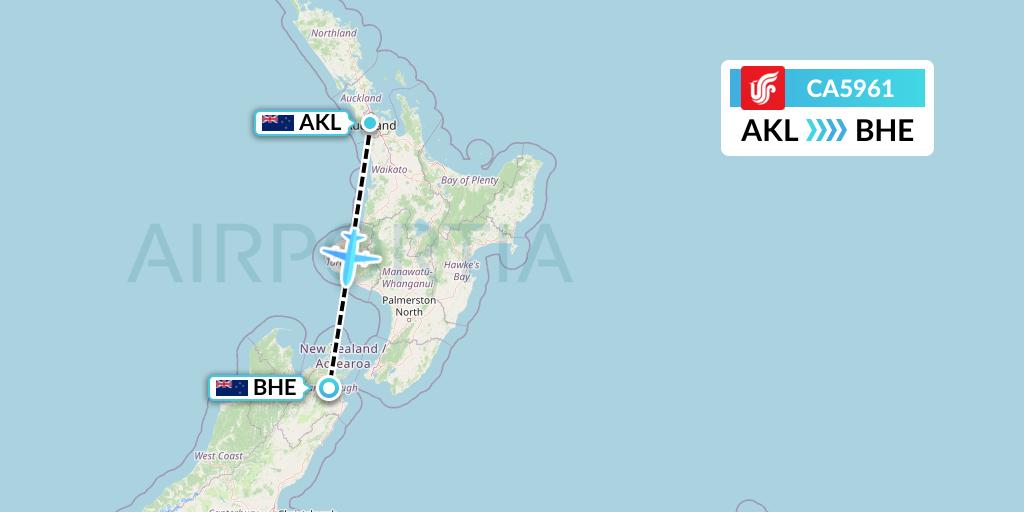 CA5961 Air China Flight Map: Auckland to Blenheim