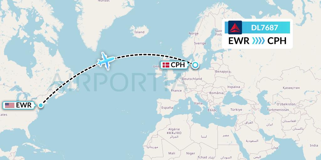 DL7687 Delta Air Lines Flight Map: New York to Copenhagen