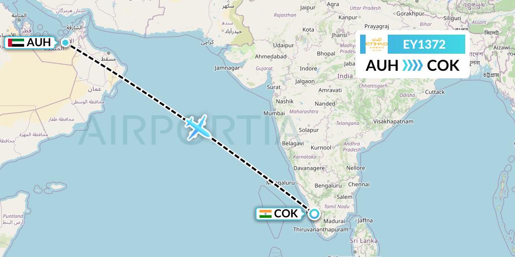 EY1372 Etihad Airways Flight Map: Abu Dhabi to Cochin