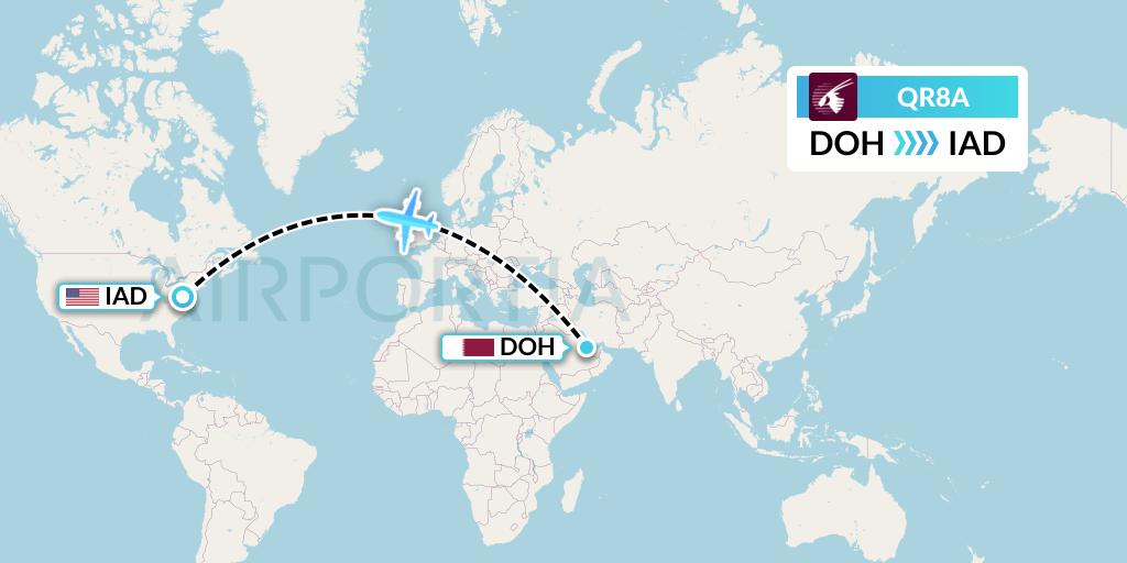 QR8A Qatar Airways Flight Map: Doha to Washington