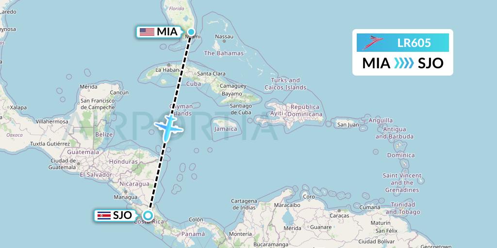 LR605 Lacsa Flight Map: Miami to San Jose