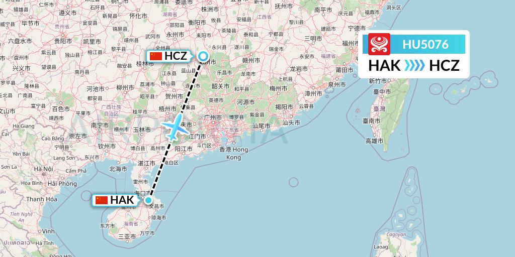 HU5076 Hainan Airlines Flight Map: Haikou to Shaoguan