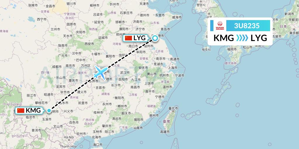 3U8235 Sichuan Airlines Flight Map: Kunming to Lianyungang