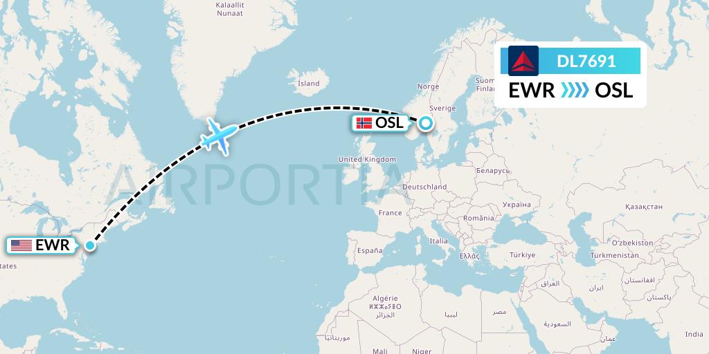 DL7691 Delta Air Lines Flight Map: New York to Oslo