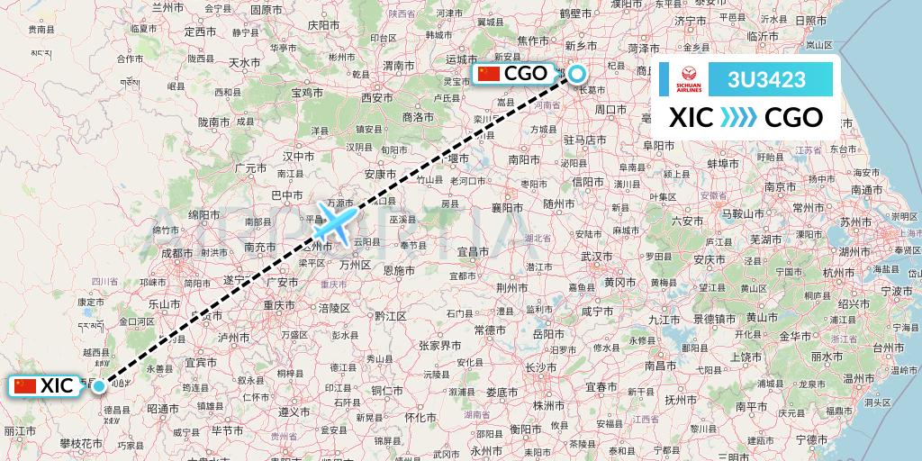 3U3423 Sichuan Airlines Flight Map: Xichang to Zhengzhou