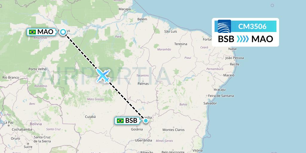 CM3506 Copa Airlines Flight Map: Brasilia to Manaus