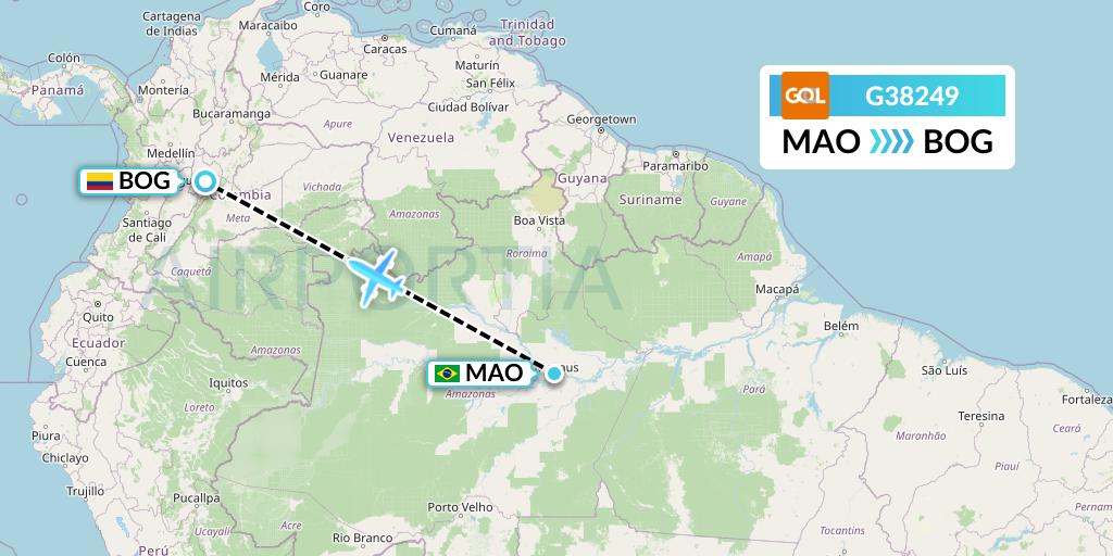 G38249 GOL Transportes Aeros Flight Map: Manaus to Bogota