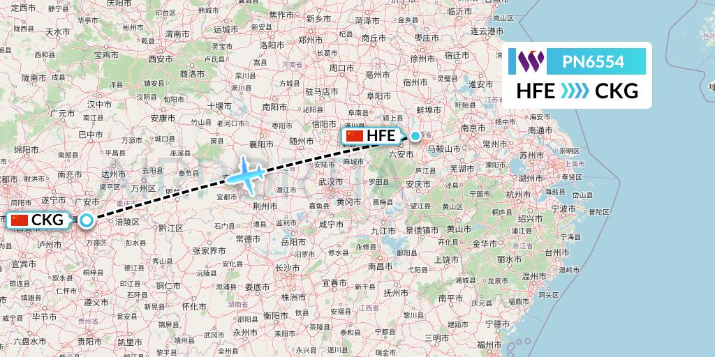 PN6554 China West Air Flight Map: Hefei to Chongqing