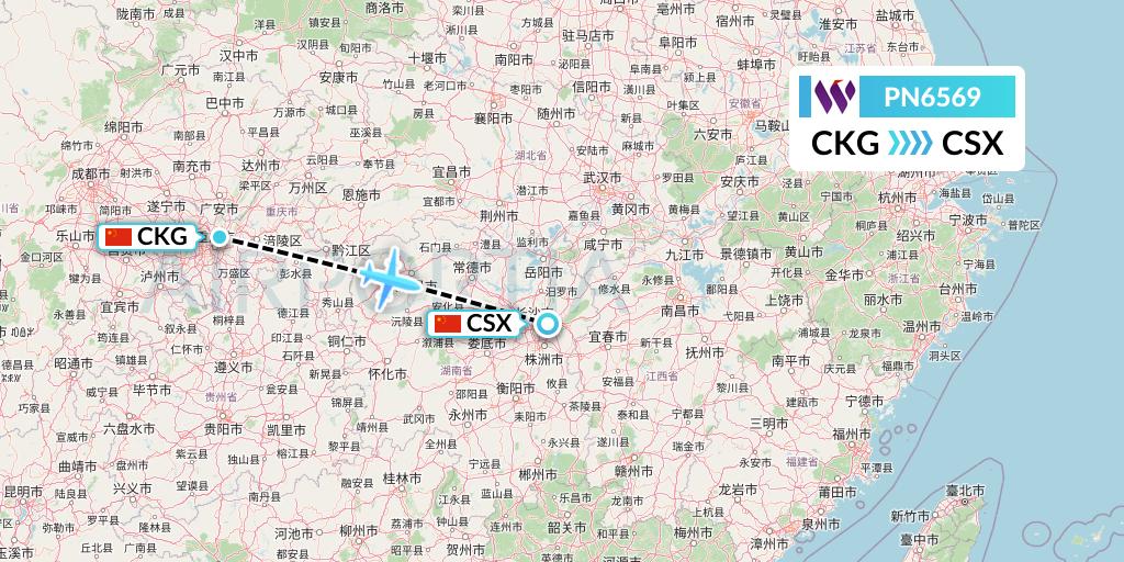 PN6569 China West Air Flight Map: Chongqing to Changsha