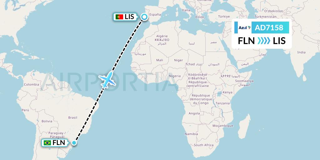 AD7158 Azul Brazilian Airlines Flight Map: Florianopolis to Lisbon