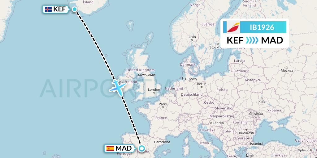 IB1926 Iberia Flight Map: Reykjavik to Madrid