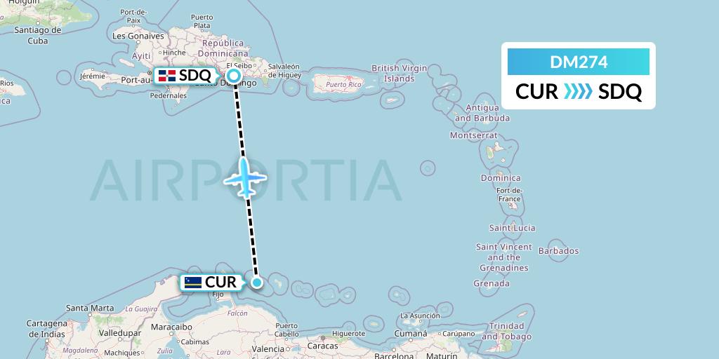 DM274 Arajet Flight Map: Willemstad to Santo Domingo