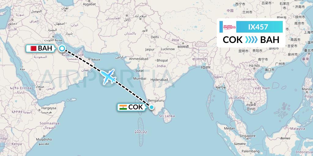 IX457 Air India Express Flight Map: Cochin to Bahrain