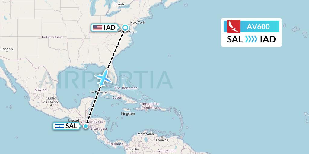 AV600 Avianca Flight Map: San Salvador to Washington