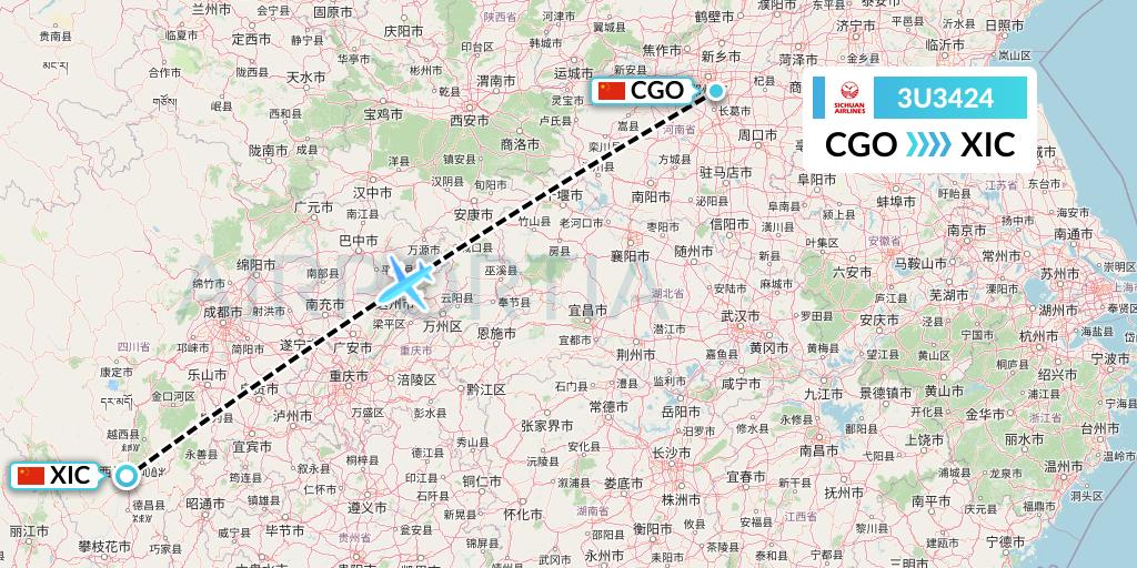 3U3424 Sichuan Airlines Flight Map: Zhengzhou to Xichang