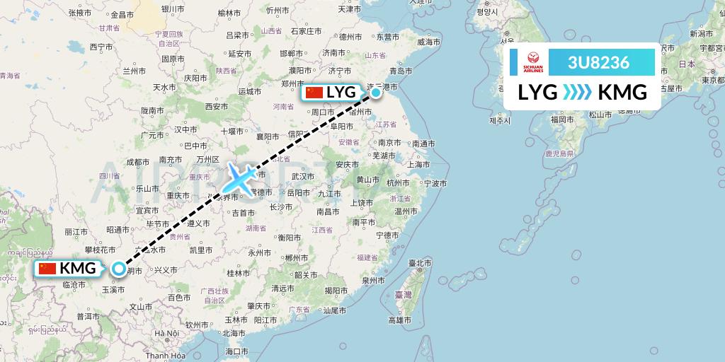 3U8236 Sichuan Airlines Flight Map: Lianyungang to Kunming