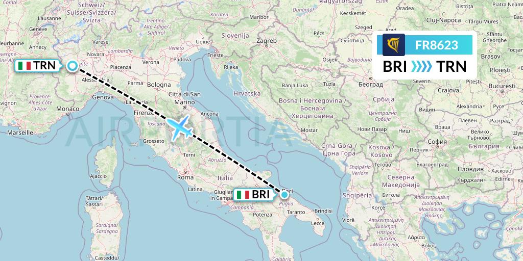 FR8623 Ryanair Flight Map: Bari to Turin