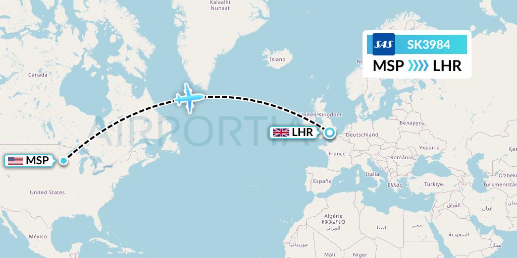 SK3984 SAS Flight Map: Minneapolis to London
