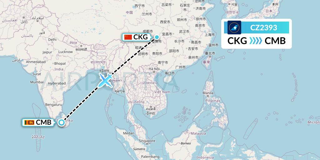 CZ2393 China Southern Airlines Flight Map: Chongqing to Colombo