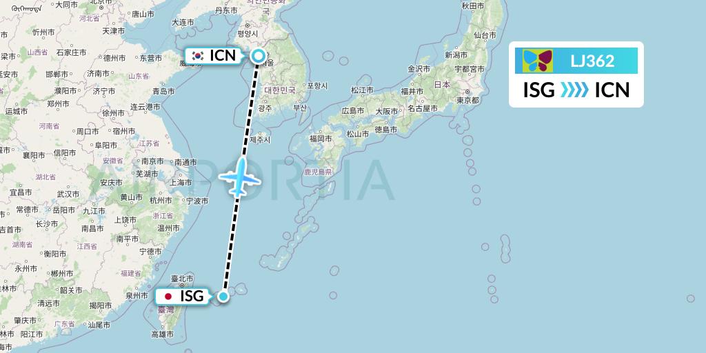 LJ362 Jin Air Flight Map: Ishigaki to Seoul