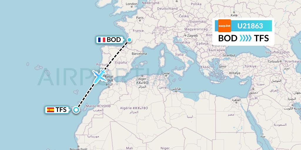 U21863 EasyJet Flight Map: Bordeaux to Tenerife