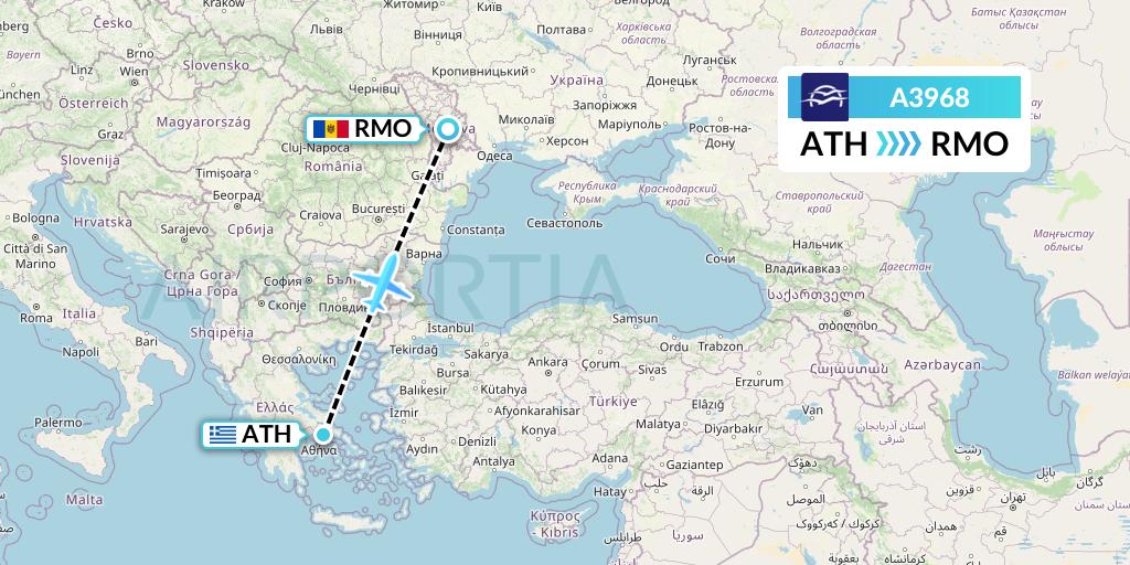 A3968 Aegean Airlines Flight Map: Athens to Chisinau