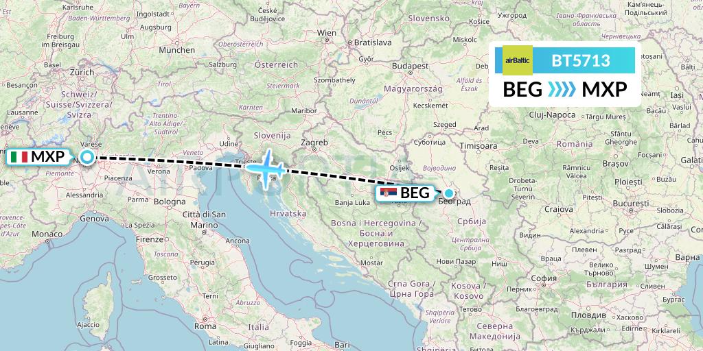 BT5713 Air Baltic Flight Map: Belgrade to Milan