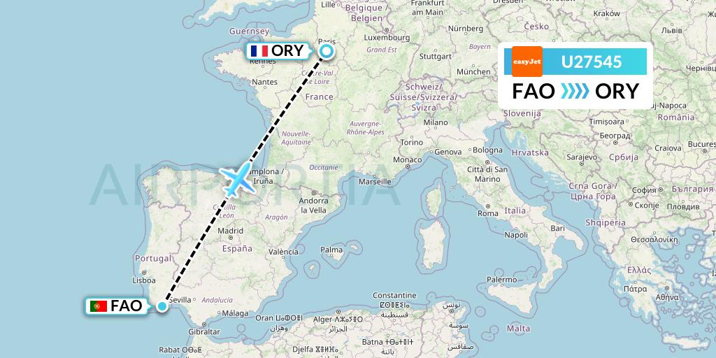 U27545 EasyJet Flight Map: Faro to Paris