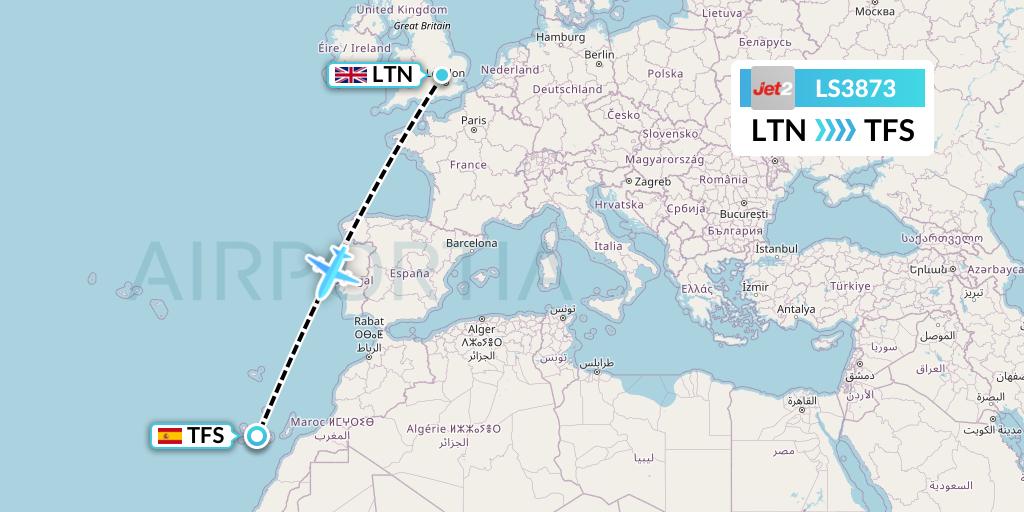 LS3873 Jet2 Flight Map: London to Tenerife
