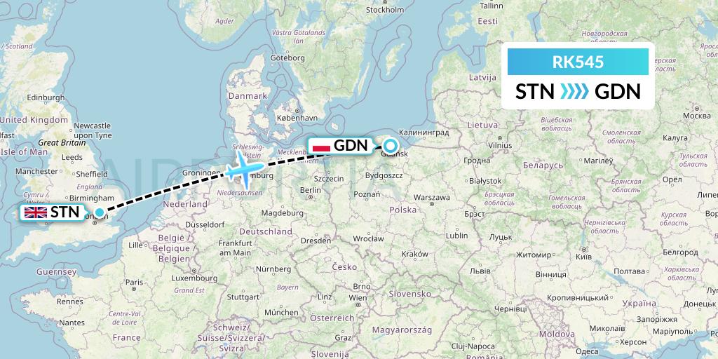 RK545 Ryanair UK Flight Map: London to Gdansk