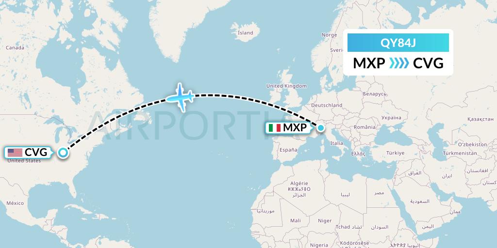 QY84J European Air Transport Flight Map: Milan to Cincinnati