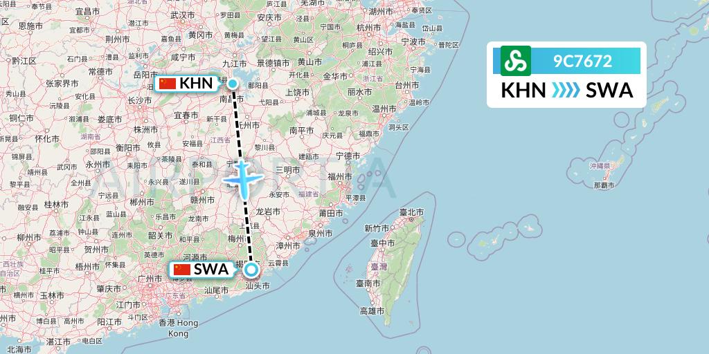 9C7672 Spring Airlines Flight Map: Nanchang to Jieyang