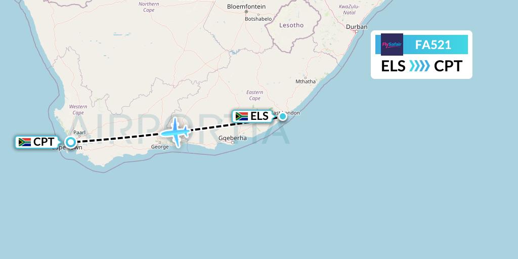 FA521 Safair Flight Map: East London to Cape Town