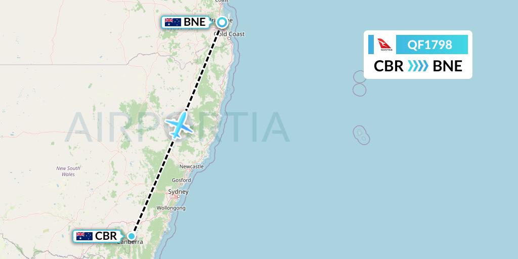 QF1798 Qantas Flight Map: Canberra to Brisbane