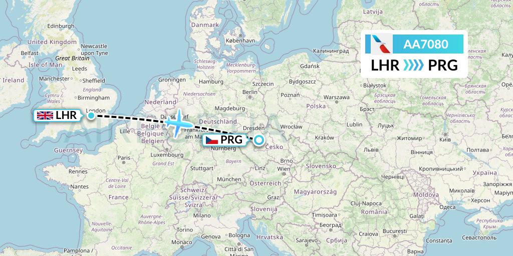 AA7080 American Airlines Flight Map: London to Prague