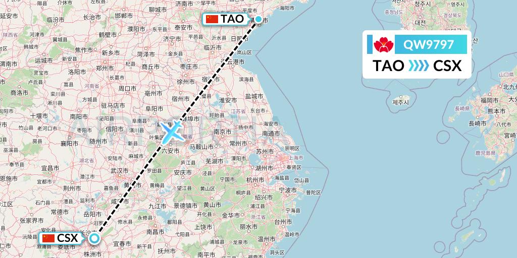 QW9797 Qingdao Airlines Flight Map: Qingdao to Changsha