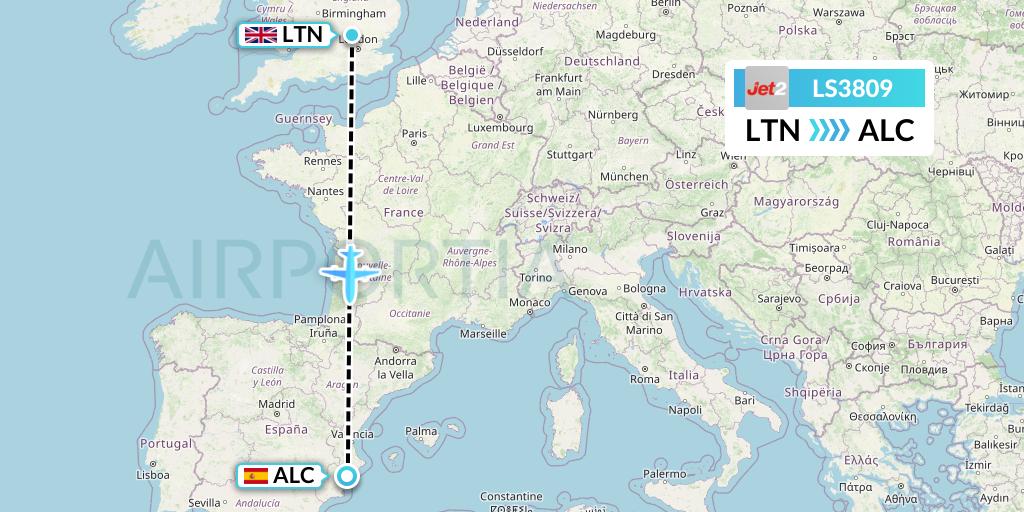 LS3809 Jet2 Flight Map: London to Alicante