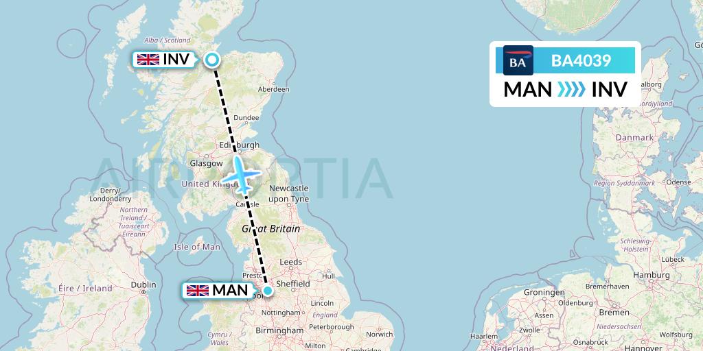 BA4039 British Airways Flight Map: Manchester to Inverness