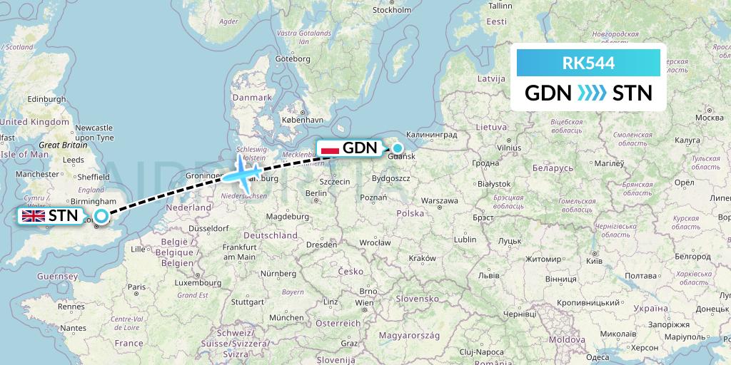 RK544 Ryanair UK Flight Map: Gdansk to London