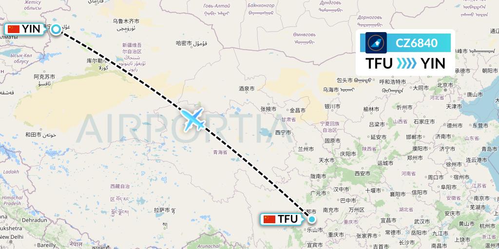 CZ6840 China Southern Airlines Flight Map: Chengdu to Yining