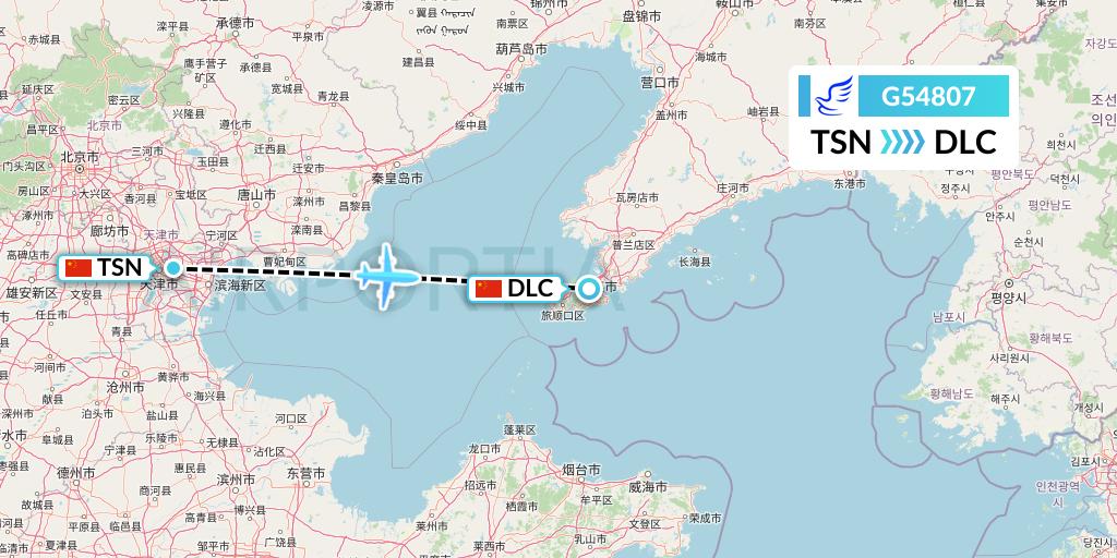 G54807 China Express Airlines Flight Map: Tianjin to Dalian