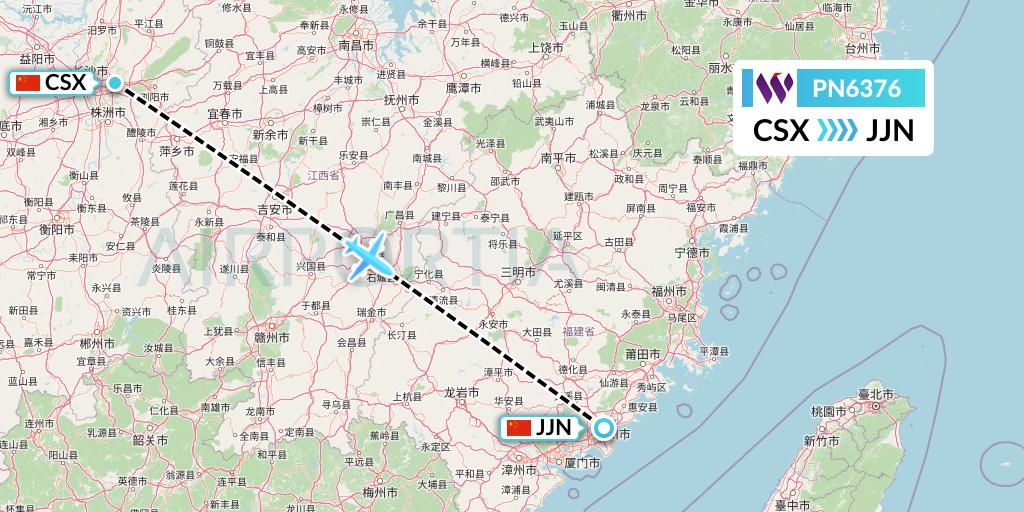 PN6376 China West Air Flight Map: Changsha to Jinjiang