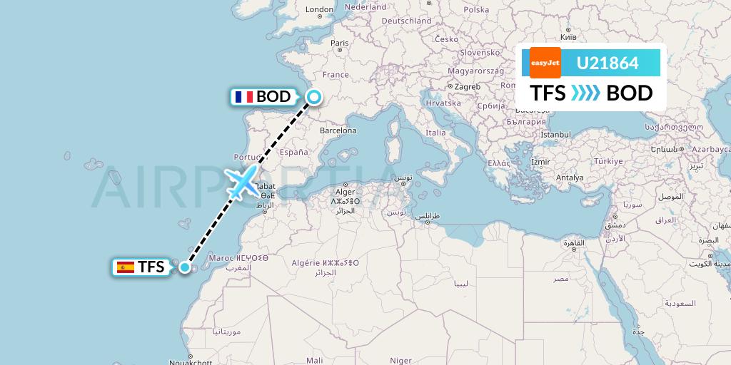 U21864 EasyJet Flight Map: Tenerife to Bordeaux