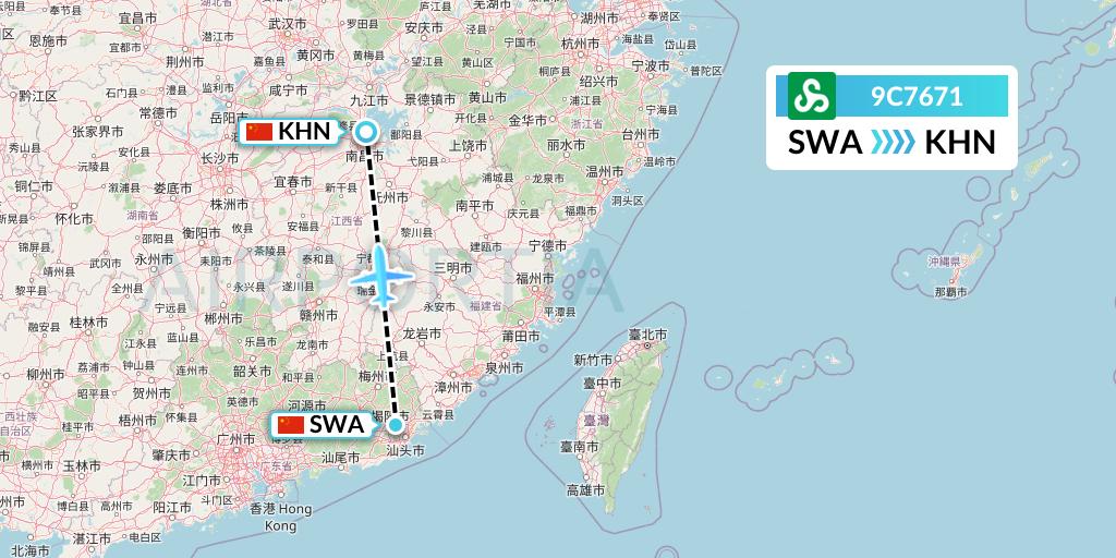 9C7671 Spring Airlines Flight Map: Jieyang to Nanchang